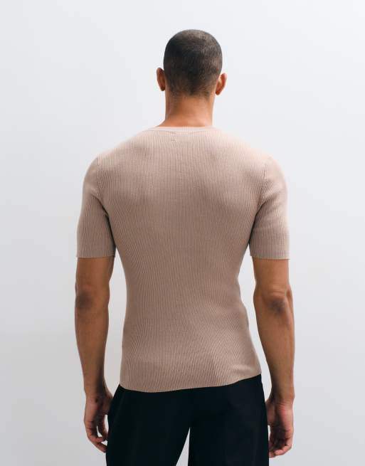 ASOS DESIGN – Essential – Brungrå, ribbstickad topp i muscle fit med rund halsringning, 4 av 5