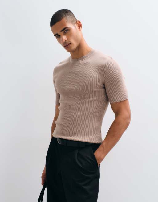 ASOS DESIGN – Essential – Brungrå, ribbstickad topp i muscle fit med rund halsringning, 5 av 5