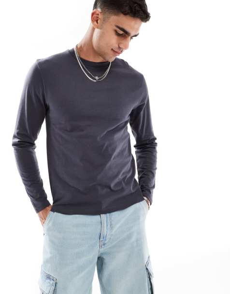 ASOS DESIGN essential crew neck long sleeve t-shirt in charcoal - view 1