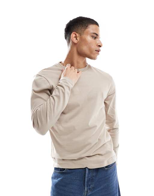 ASOS DESIGN essential crew neck long sleeve t-shirt in stone 