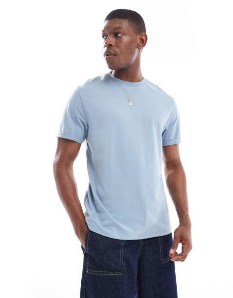 ASOS DESIGN essential crew neck t-shirt with cuffed sleeves in blue - view 1