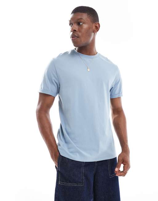 ASOS DESIGN essential crew neck t-shirt with cuffed sleeves in blue