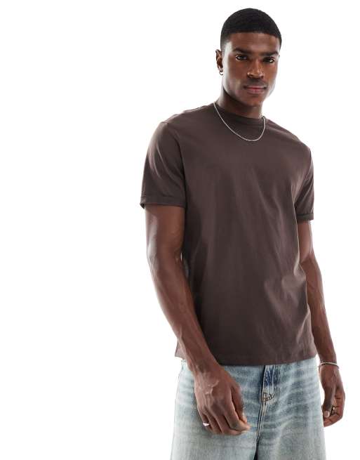 ASOS DESIGN essential crew neck t-shirt with cuffed sleeves in brown