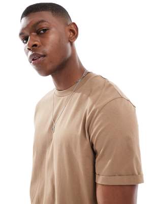 Asos Design Essential Crew Neck T-shirt With Cuffed Sleeves In Brown