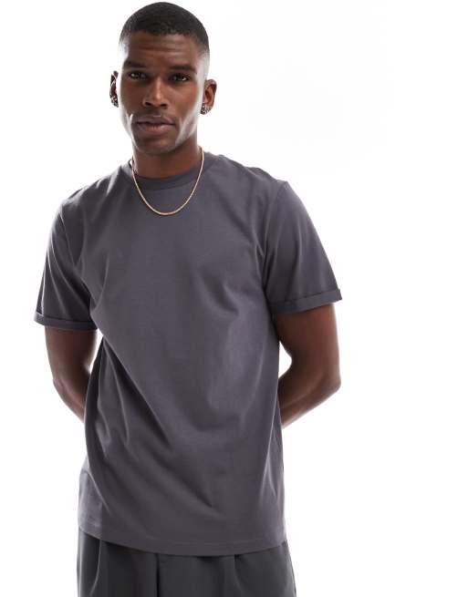 ASOS DESIGN essential crew neck t-shirt with cuffed sleeves in charcoal