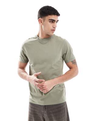 essential crew neck t-shirt with cuffed sleeves in elm green