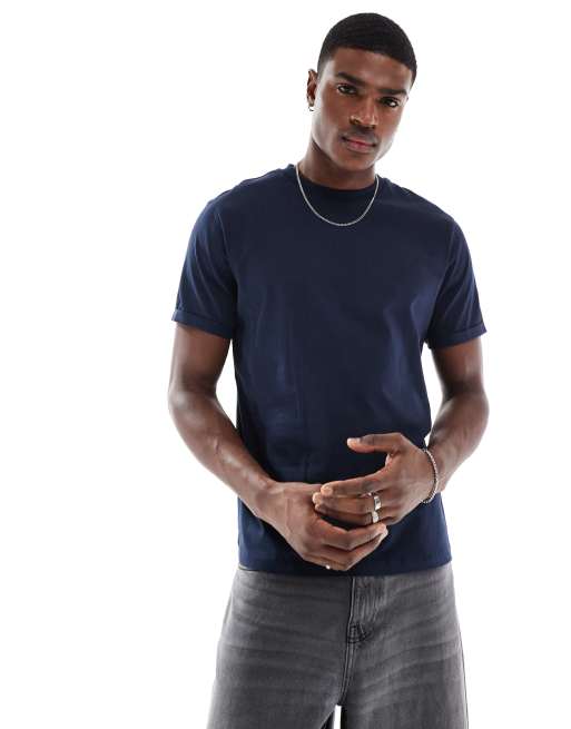ASOS DESIGN essential crew neck t-shirt with cuffed sleeves in navy