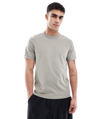 essential crew neck t-shirt with cuffed sleeves in stone-Neutral