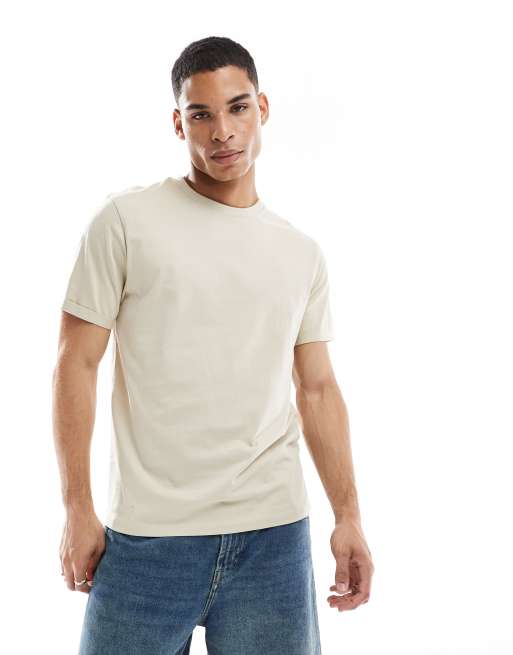 ASOS DESIGN essential crew neck t-shirt with cuffed sleeves in stone  