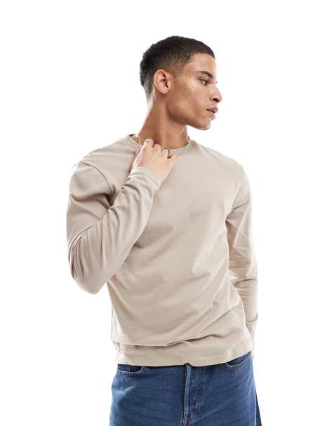 ASOS DESIGN essential crew neck t-shirt with long sleeves in stone - view 1