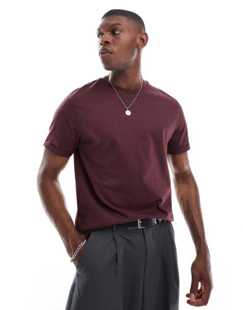 ASOS DESIGN essential crew neck t-shirt with roll sleeve in burgundy - view 1
