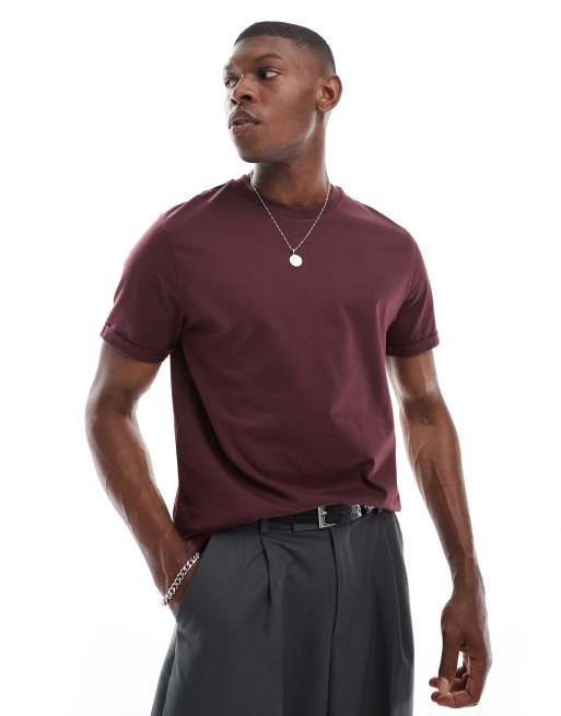 ASOS DESIGN essential crew neck t-shirt with roll sleeve in burgundy   
