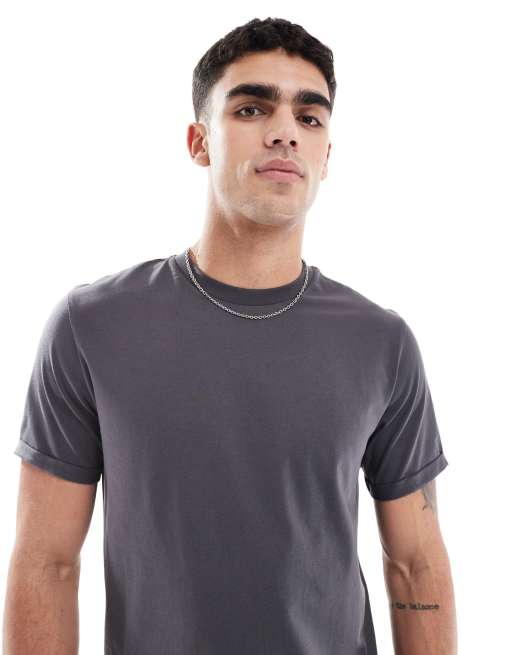 ASOS DESIGN essential crew neck t-shirt with roll sleeve in charcoal
