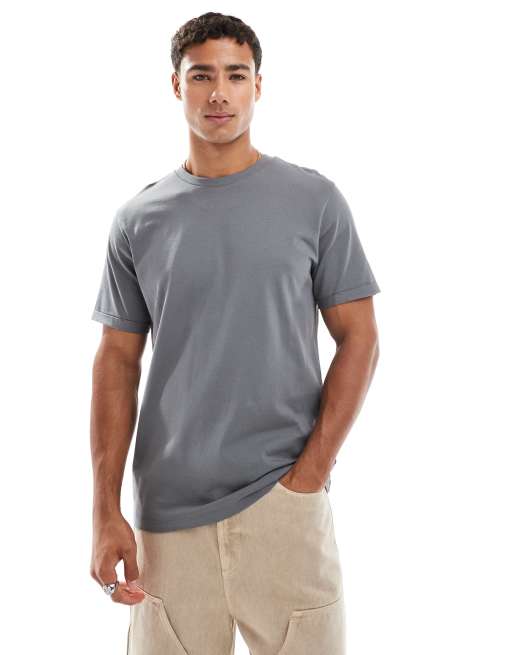 ASOS DESIGN essential crew neck t-shirt with roll sleeve in charcoal   