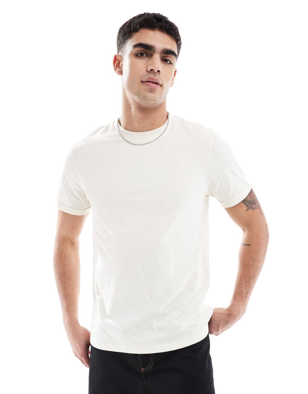 ASOS DESIGN essential crew neck t-shirt with roll sleeve in cream