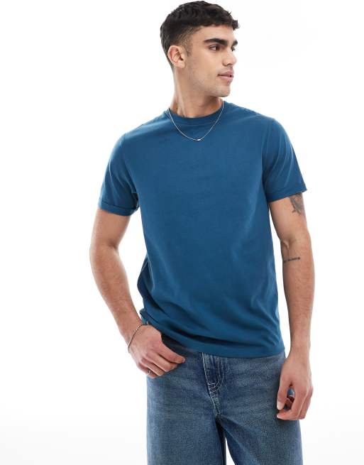 ASOS DESIGN essential crew neck T-shirt with roll sleeve in dark blue