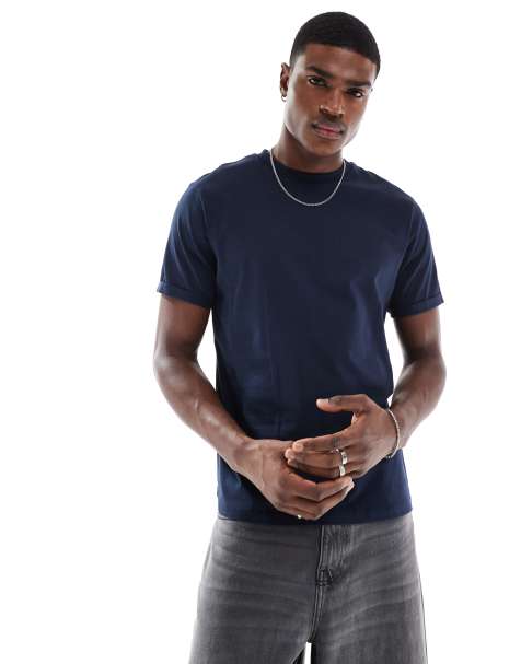 ASOS DESIGN essential crew neck t-shirt with roll sleeve in navy - view 1
