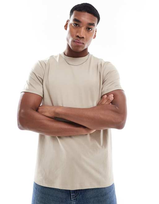 ASOS DESIGN essential crew neck t-shirt with roll sleeve in stone