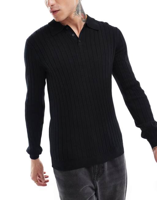 ASOS DESIGN Essential – Czarny prążkowany sweter dzianinowy o kroju podkreślającym sylwetkę z kołnierzykiem polo