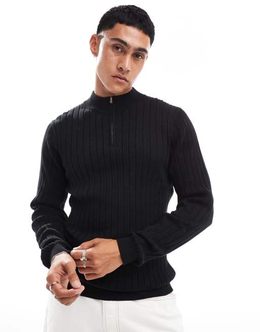 ASOS DESIGN Essential – Czarny prążkowany sweter o kroju podkreślającym sylwetkę z suwakiem pod szyją