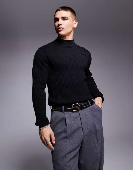 ASOS DESIGN Essential – Czarny sweter z golfem z prążkowanej dzianiny o kroju podkreślającym sylwetkę
