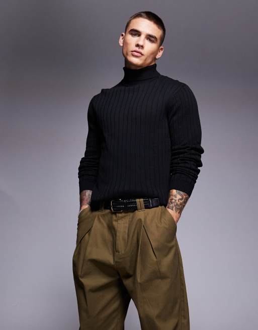 ASOS DESIGN Essential – Czarny sweter z odwijanym golfem z prążkowanej dzianiny o kroju podkreślającym sylwetkę