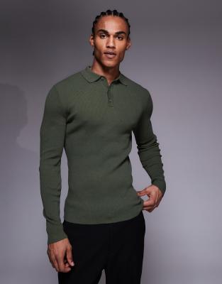 Essential - Fein geripptes Muskelshirt in Khaki mit Polokragen-Grün Grün 3XL