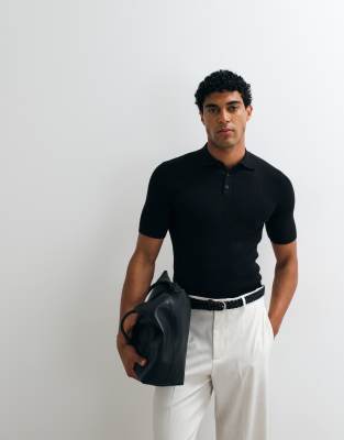 Essential - Fein geripptes Muskelshirt in Schwarz mit Polokragen Schwarz 2XL
