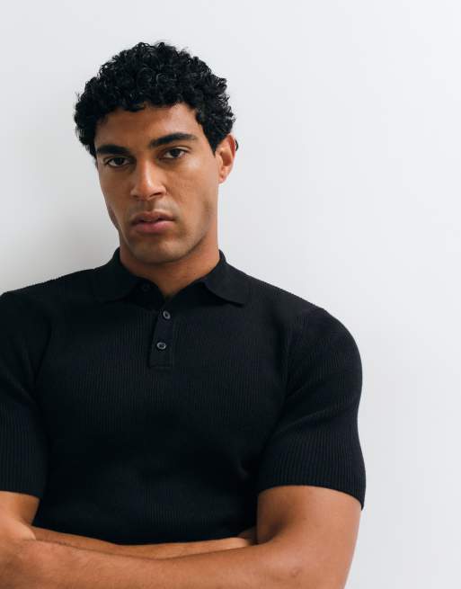 ASOS DESIGN – Essential – Fein geripptes Muskelshirt in Schwarz mit Polokragen, 3 von 5