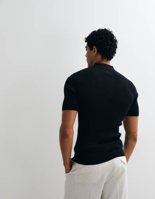 ASOS DESIGN – Essential – Fein geripptes Muskelshirt in Schwarz mit Polokragen, 5 von 5