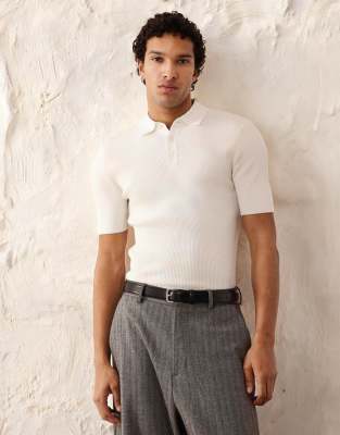Essential - Fein geripptes Muskelshirt in Wollweiß mit Polokragen Weiß XL