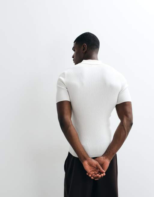 ASOS DESIGN – Essential – Fein geripptes Muskelshirt in Wollweiß mit Polokragen, 5 von 5