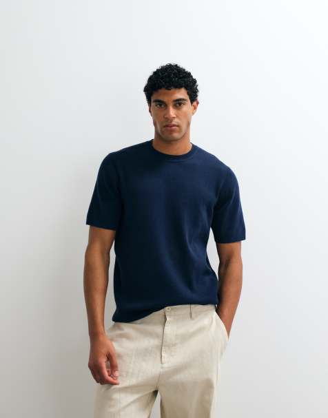 ASOS DESIGN – Essential – Fein geripptes Shirt in Marineblau mit Rundhalsausschnitt - view 1