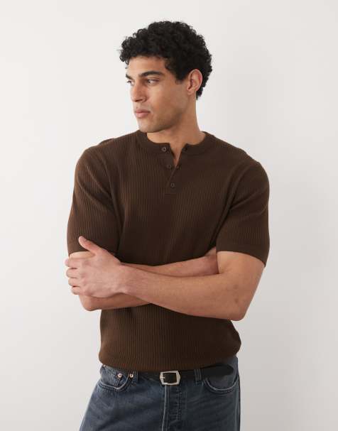ASOS DESIGN Essential fine-rib knit henley neck t-shirt in brown - view 1