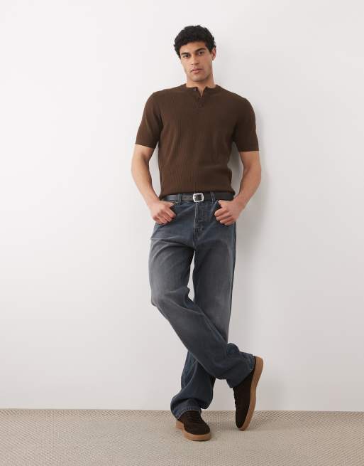 ASOS DESIGN Essential fine-rib knit henley neck t-shirt in brown, 2 of 5