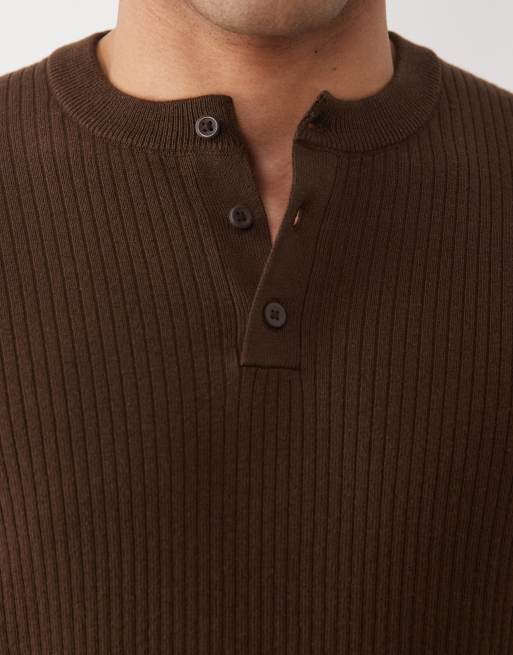 ASOS DESIGN Essential fine-rib knit henley neck t-shirt in brown, 4 of 5
