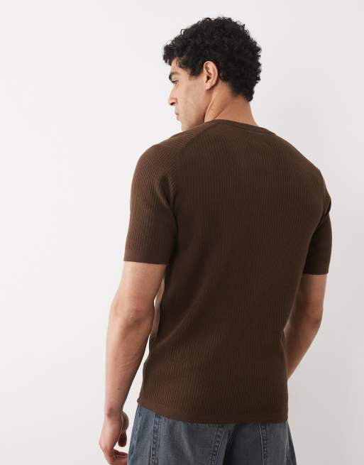 ASOS DESIGN Essential fine-rib knit henley t-shirt in brown, 3 of 5