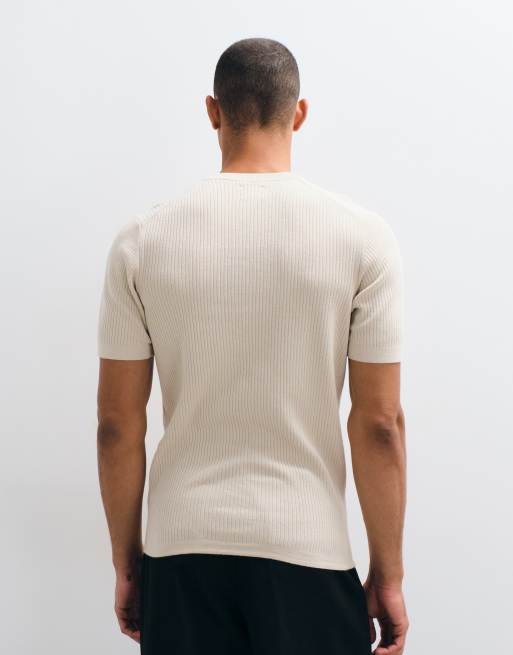 ASOS DESIGN Essential fine-rib knit henley T-shirt in stone, 3 of 5