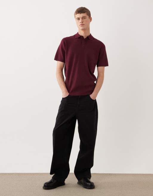 ASOS DESIGN Essential fine-rib knit polo in burgundy, 5 of 5