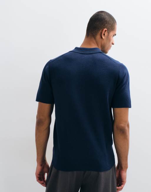 ASOS DESIGN Essential fine-rib knit polo in navy, 4 of 5