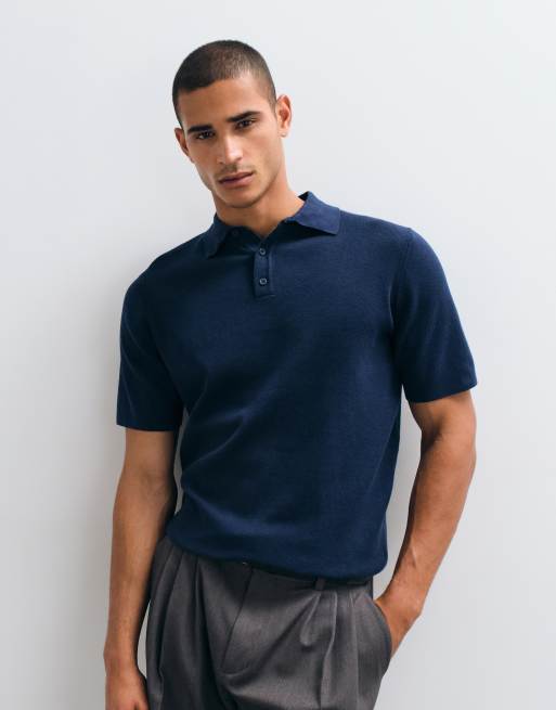 ASOS DESIGN Essential fine-rib knit polo in navy, 5 of 5