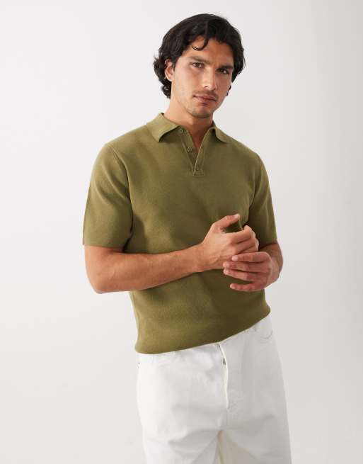 ASOS DESIGN Essential fine-rib knit polo shirt in khaki green | ASOS