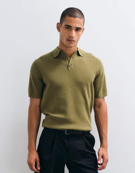 ASOS DESIGN Essential fine-rib knit polo shirt in khaki green, 3 of 5
