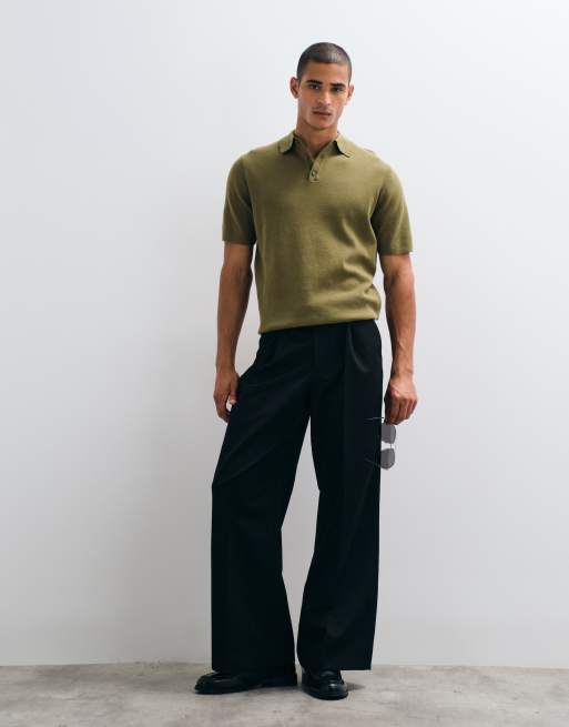 ASOS DESIGN Essential fine-rib knit polo shirt in khaki green, 4 of 5