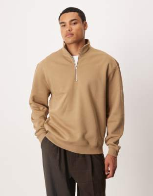 Asos Design Essential Fit Quarter Zip Sweatshirt In Brown