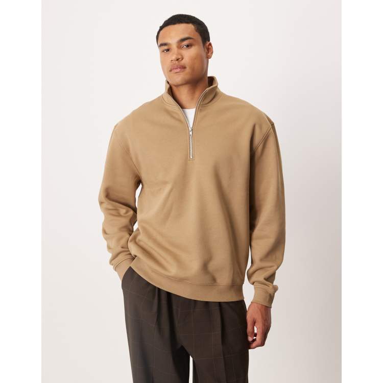 ASOS DESIGN essential fit quarter zip sweatshirt in beige | ASOS