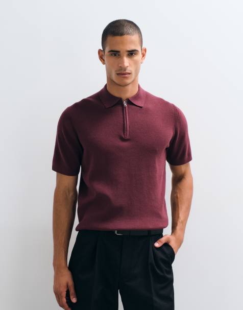 ASOS DESIGN - Essential - Gebreide polo van katoenmix met rits in bordeauxrood - view 1