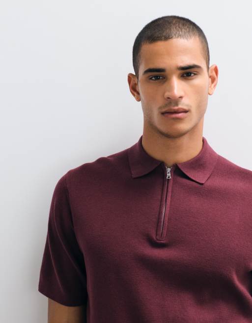 ASOS DESIGN - Essential - Gebreide polo van katoenmix met rits in bordeauxrood, 2 van 5