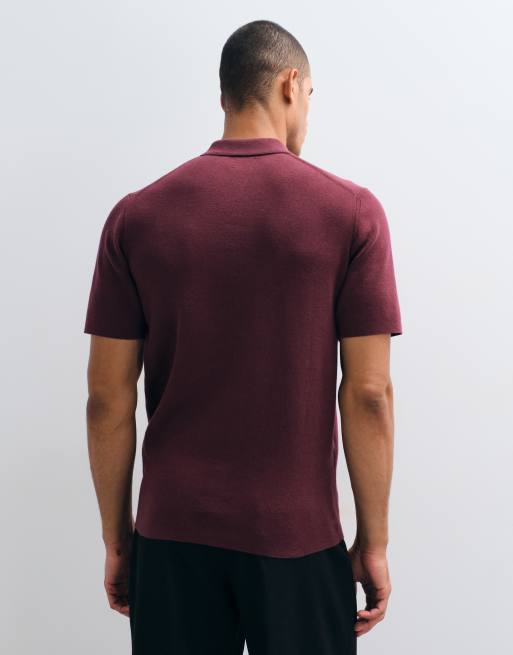 ASOS DESIGN - Essential - Gebreide polo van katoenmix met rits in bordeauxrood, 4 van 5