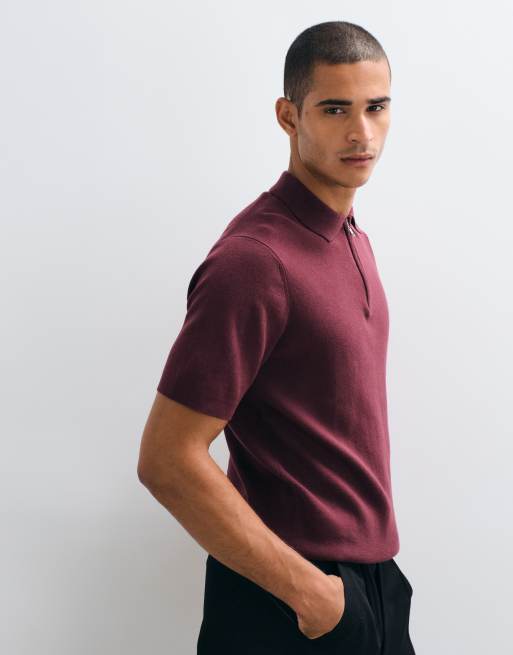 ASOS DESIGN - Essential - Gebreide polo van katoenmix met rits in bordeauxrood, 5 van 5